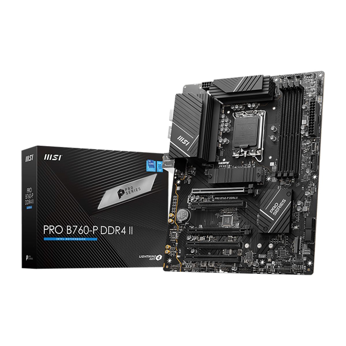 Материнская плата MSI PRO B760-P DDR4 II B760, LGA1700, 4*DDR4, 5*PCIEx16, 2*M.2, 2*TypeC, 3*USB3.2Gen2, 6*USB3.2Gen1, 6*USB2.0, 4*SATA3.0, 2.5G, DP, HDMI, ATX, RTL