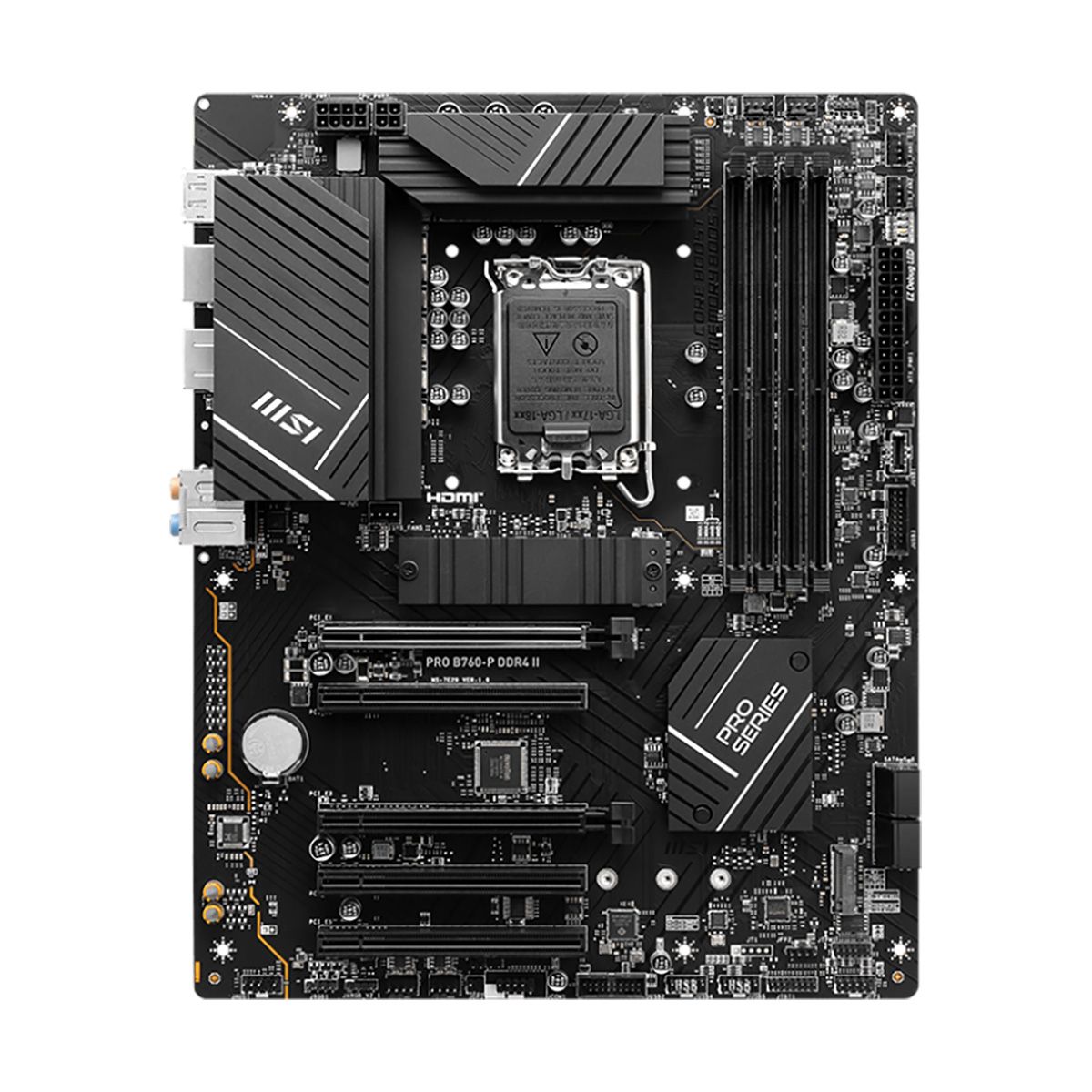 Материнская плата MSI PRO B760-P DDR4 II B760, LGA1700, 4*DDR4, 5*PCIEx16, 2*M.2, 2*TypeC, 3*USB3.2Gen2, 6*USB3.2Gen1, 6*USB2.0, 4*SATA3.0, 2.5G, DP, HDMI, ATX, RTL