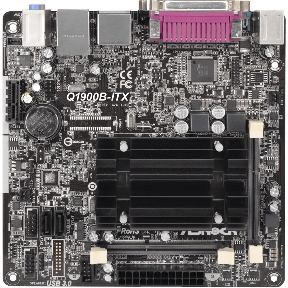 Материнская плата с ЦПУ ASRock Q1900B-ITX, Intel® Quad-Core Processor J1900 (2 GHz), Mini-ITX, 2xDDR3/DDR3L-1333 SO-DIMM, Max 16GB, 1xPCI-Ex1, 1xSATA2, Giga Lan, 6CH, VGA/HDMI, 3xUSB2.0, 1xUSB3.0 RTL {20}