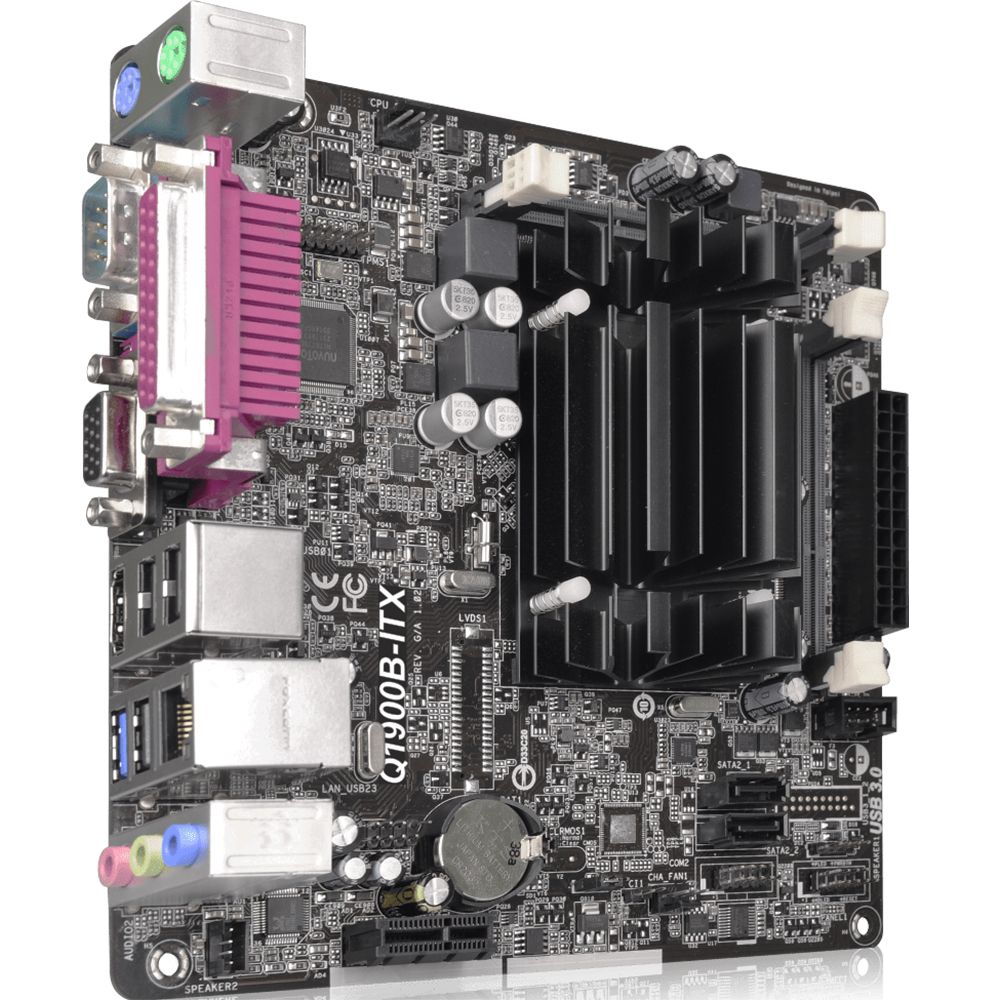 Материнская плата с ЦПУ ASRock Q1900B-ITX, Intel® Quad-Core Processor J1900 (2 GHz), Mini-ITX, 2xDDR3/DDR3L-1333 SO-DIMM, Max 16GB, 1xPCI-Ex1, 1xSATA2, Giga Lan, 6CH, VGA/HDMI, 3xUSB2.0, 1xUSB3.0 RTL {20}