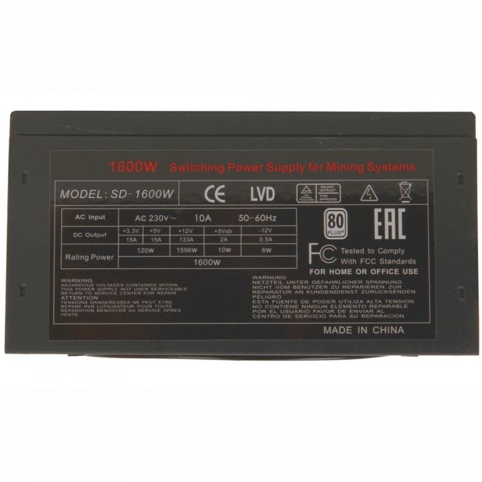 Блок питания R-Senda R-Senda SD-1600W, 1600W Mining PSU, 8pin(4+4pin)*1pc, 24pin*1pc, 6+2pin *12pcs, sata*8pcs, molex*6pcs, Efficiency:86% , White box {6}
