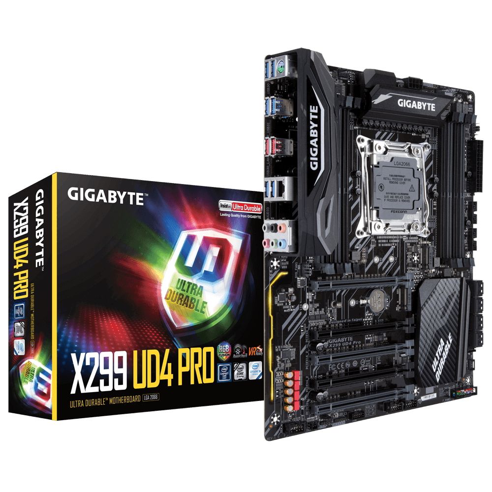 Материнская плата Gigabyte X299 UD4 Pro, Socket 2066, Intel®X299, 8xDDR4-2400, 5xPCI-Ex16, 8xSATA3,(RAID 0/1/5/10), 2xM.2, 8 Ch Audio, GLan, (0+4)xUSB2.0, (8+4)xUSB3.1, 1xPS/2, ATX, RTL {8}