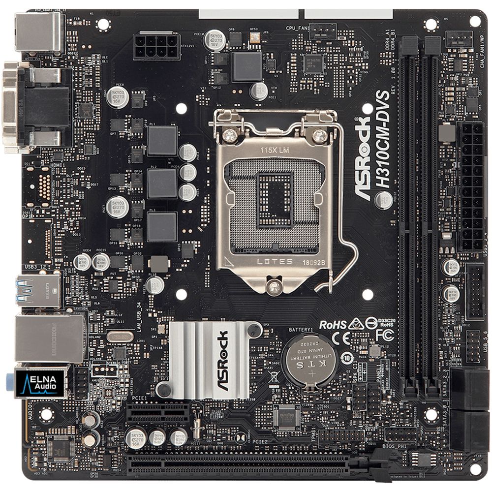Материнская плата ASRock H310CM-DVS, Socket 1151, Intel®H310, 2xDDR4-2666, D-SUB+DVI-D, 1xPCI-Ex16, 1xPCI-Ex1, 4xSATA3, 8 Ch Audio, GLan, (4+2)xUSB2.0, (2+2)xUSB3.1, 1xPS/2, mATX, RTL, {20}