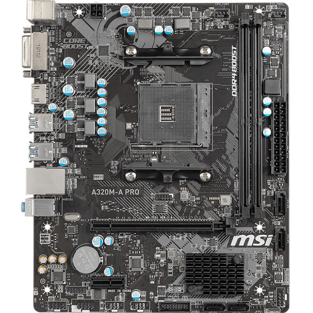 Материнская плата MSI A320M-A PRO, Socket AM4, AMD® A320, 2xDDR4-2400, 1xPCI-Ex16x, 1xPCI-Ex, DVI-D+HDMI, 4xSATA3(RAID 0/1/10), 8 Ch Audio, GLan, (2+4)xUSB2.0, (4+2)xUSB3.1, 2xPS/2, mATX, RTL {20} (663889)