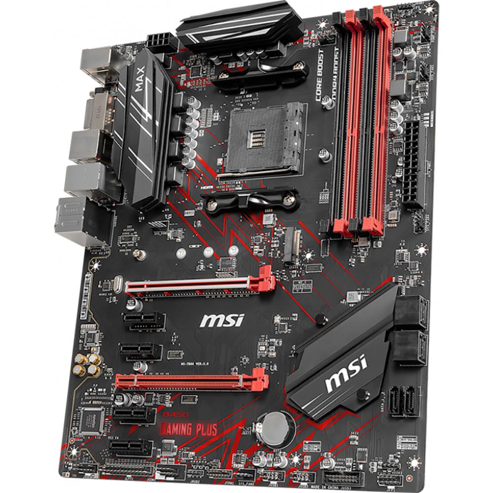 Материнская плата MSI B450 GAMING PLUS MAX, Socket AM4, AMD®B450, 4xDDR4-2667, 2xPCI-Ex16x, 4xPCI-Ex1x, DVI-D+HDMI, 6xSATA3(RAID 0/1/10), 1xM.2, 8 Ch Audio, GLan, (2+4)xUSB2.0, (4+4)xUSB3.2, 1xPS/2, ATX, RTL {}