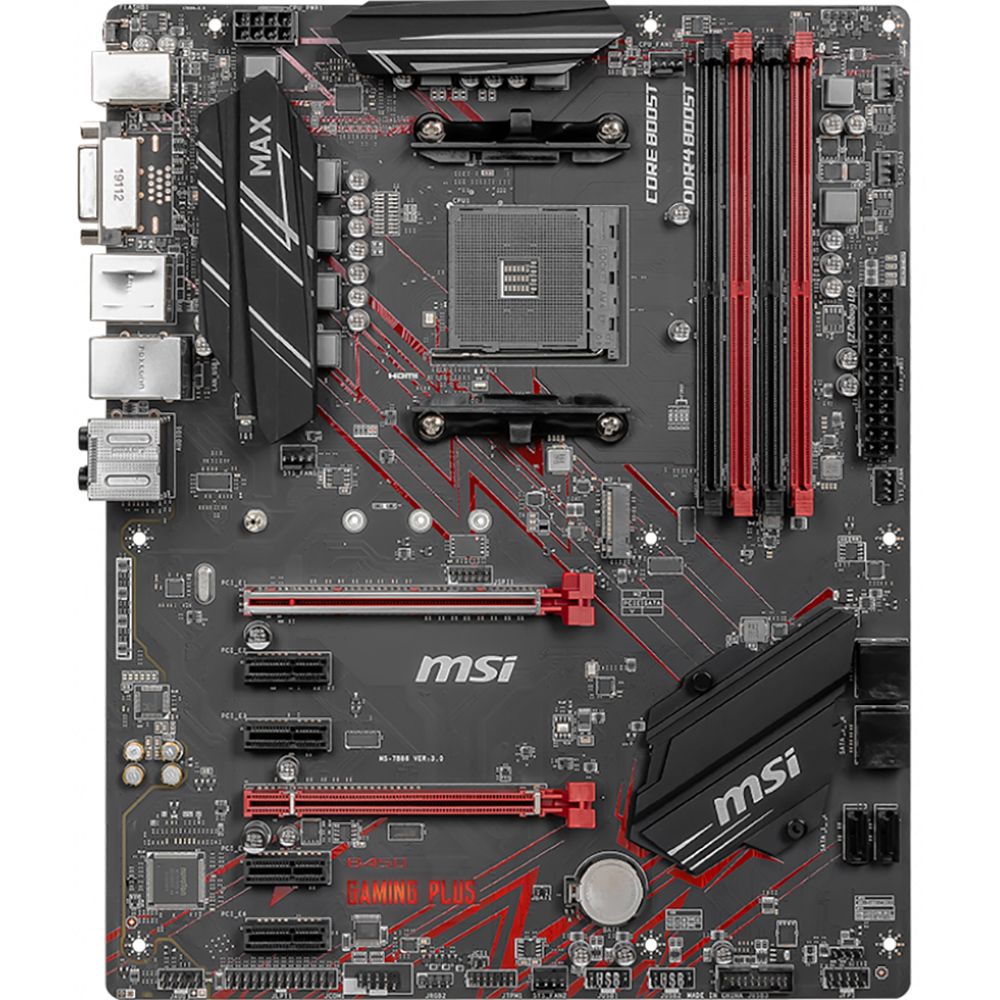 Материнская плата MSI B450 GAMING PLUS MAX, Socket AM4, AMD®B450, 4xDDR4-2667, 2xPCI-Ex16x, 4xPCI-Ex1x, DVI-D+HDMI, 6xSATA3(RAID 0/1/10), 1xM.2, 8 Ch Audio, GLan, (2+4)xUSB2.0, (4+4)xUSB3.2, 1xPS/2, ATX, RTL {}