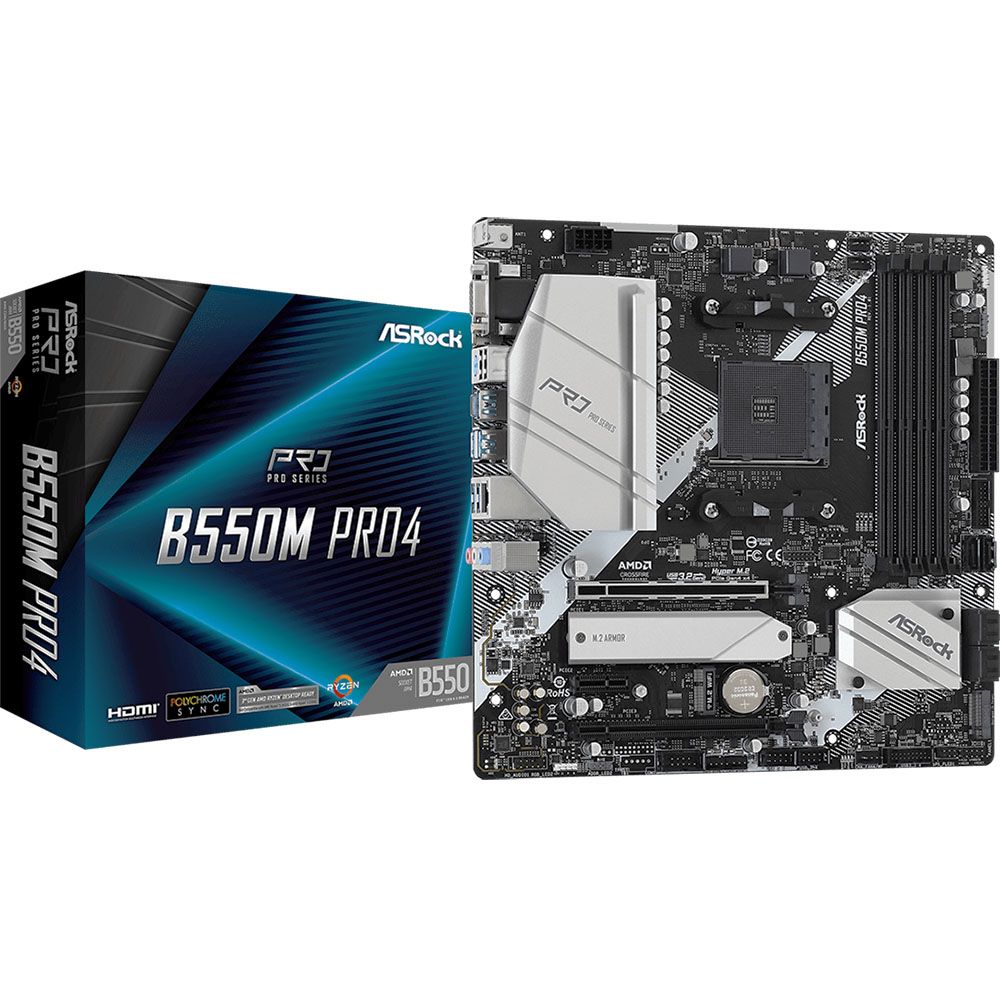 Материнская плата ASRock B550M PRO4, Socket AM4, AMD B550, 4xDDR4-3200, D-SUB+HDMI+DP, 2xPCI-Ex16, 1xPCI-Ex1, 6xSATA3(RAID 0/1/10), 2xM.2, 8 Ch Audio, 1xGLan, (2+4)xUSB2.0, (5+4)xUSB3.2, (1+0)xUSB3.2 Type-C™, 1xPS/2, mATX, RTL, {20} (931598)