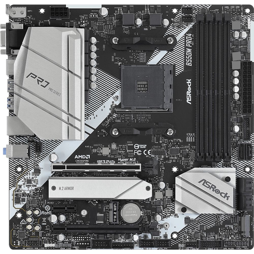 Материнская плата ASRock B550M PRO4, Socket AM4, AMD B550, 4xDDR4-3200, D-SUB+HDMI+DP, 2xPCI-Ex16, 1xPCI-Ex1, 6xSATA3(RAID 0/1/10), 2xM.2, 8 Ch Audio, 1xGLan, (2+4)xUSB2.0, (5+4)xUSB3.2, (1+0)xUSB3.2 Type-C™, 1xPS/2, mATX, RTL, {20} (931598)
