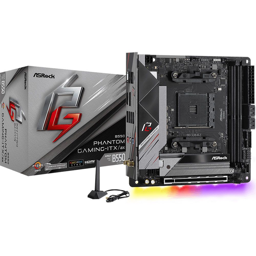 Материнская плата ASRock B550 PHANTOM GAMING-ITX/AX, Socket AM4, AMD B550, 2xDDR4-3200, HDMI+DP, 1xPCI-Ex16, 4xSATA3(RAID 0/1/10), 2xM.2, 8 Ch Audio, 1x2.5GLan, WiFi, (0+2)xUSB2.0, (5+2)xUSB3.2, (1+1)xUSB3.2 Type-C™, 1xPS/2, Mini-ITX, RTL {10} (931611)