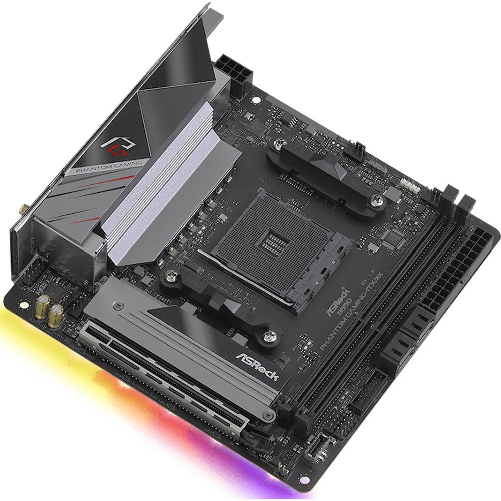 Материнская плата ASRock B550 PHANTOM GAMING-ITX/AX, Socket AM4, AMD B550, 2xDDR4-3200, HDMI+DP, 1xPCI-Ex16, 4xSATA3(RAID 0/1/10), 2xM.2, 8 Ch Audio, 1x2.5GLan, WiFi, (0+2)xUSB2.0, (5+2)xUSB3.2, (1+1)xUSB3.2 Type-C™, 1xPS/2, Mini-ITX, RTL {10} (931611)