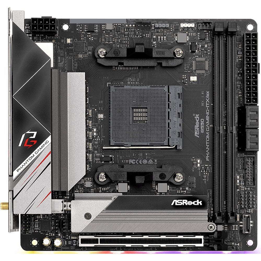 Материнская плата ASRock B550 PHANTOM GAMING-ITX/AX, Socket AM4, AMD B550, 2xDDR4-3200, HDMI+DP, 1xPCI-Ex16, 4xSATA3(RAID 0/1/10), 2xM.2, 8 Ch Audio, 1x2.5GLan, WiFi, (0+2)xUSB2.0, (5+2)xUSB3.2, (1+1)xUSB3.2 Type-C™, 1xPS/2, Mini-ITX, RTL {10} (931611)