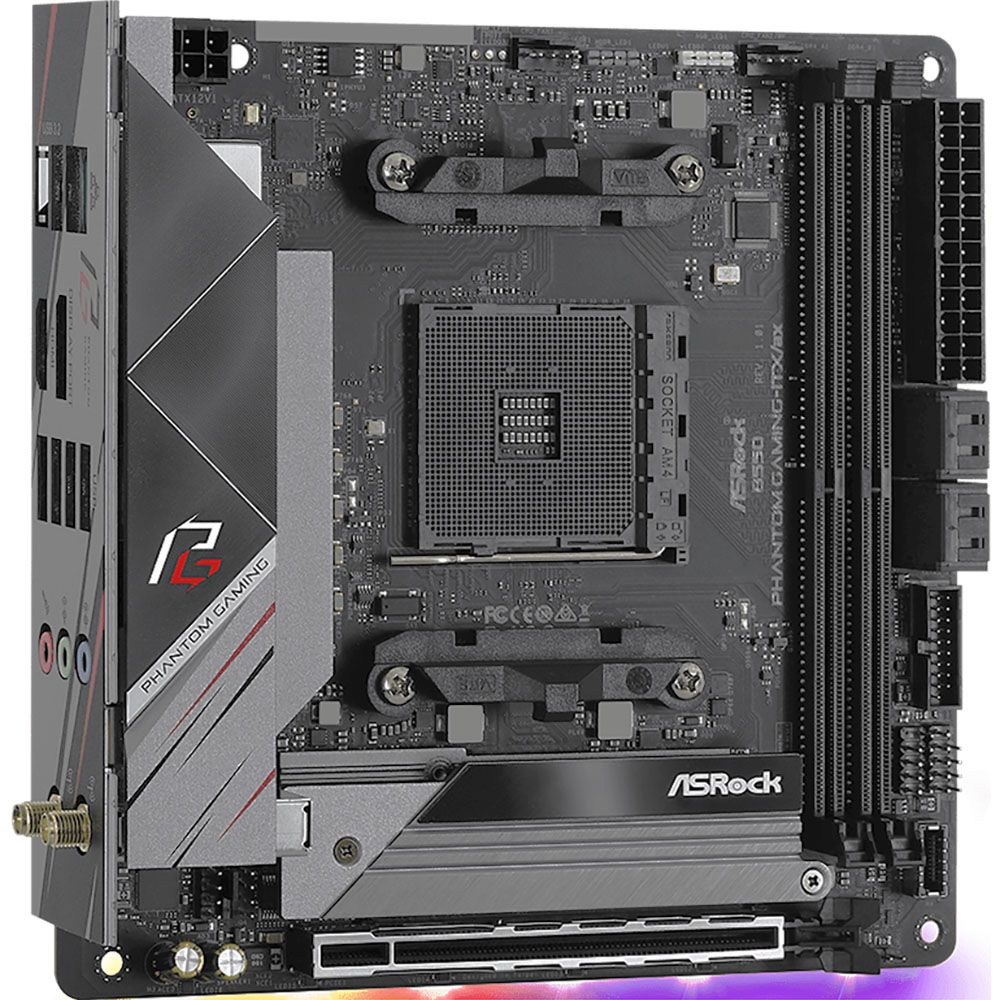 Материнская плата ASRock B550 PHANTOM GAMING-ITX/AX, Socket AM4, AMD B550, 2xDDR4-3200, HDMI+DP, 1xPCI-Ex16, 4xSATA3(RAID 0/1/10), 2xM.2, 8 Ch Audio, 1x2.5GLan, WiFi, (0+2)xUSB2.0, (5+2)xUSB3.2, (1+1)xUSB3.2 Type-C™, 1xPS/2, Mini-ITX, RTL {10} (931611)