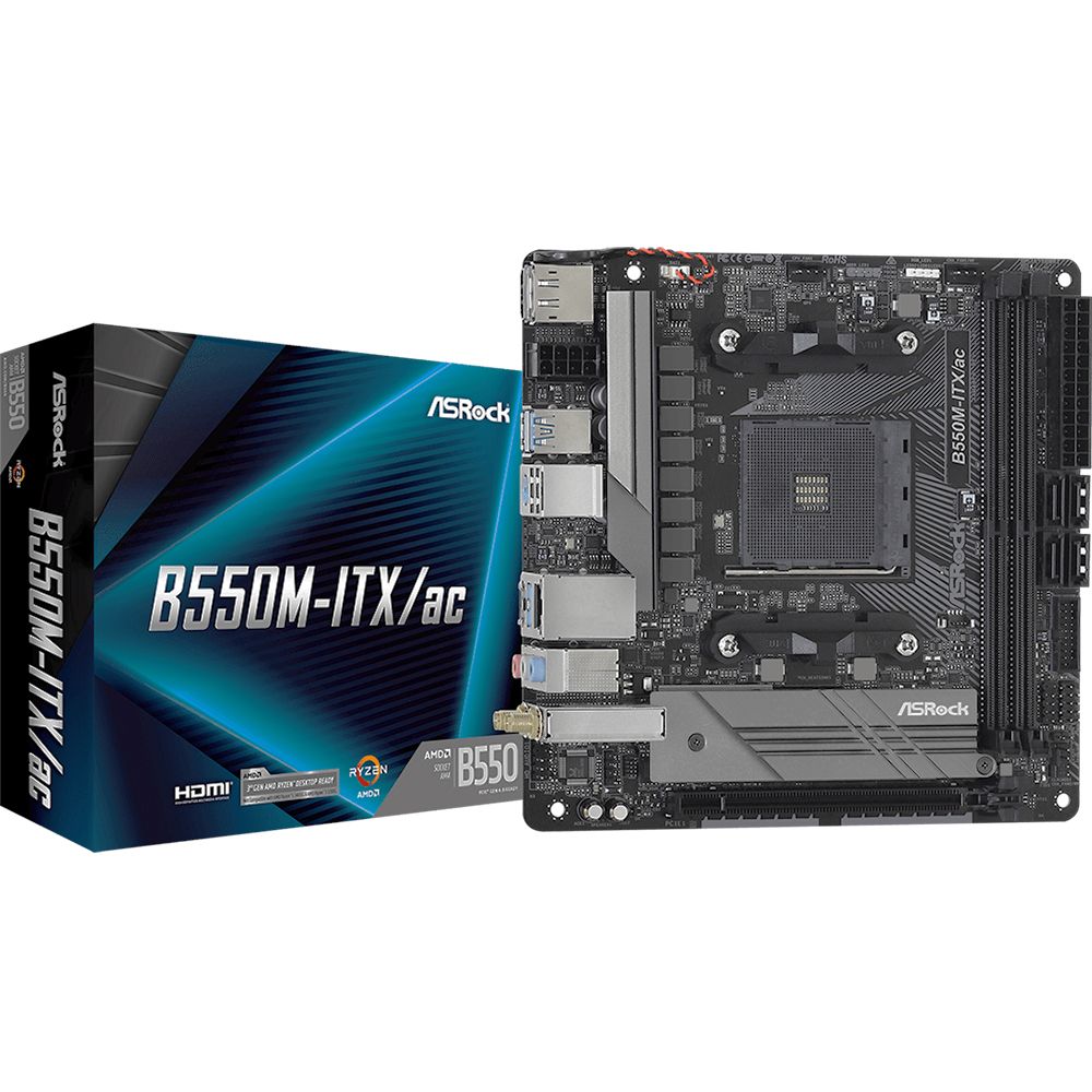 Материнская плата ASRock B550M-ITX/AC, Socket AM4, AMD B550, 2xDDR4-3200, HDMI+DP, 1xPCI-Ex16, 4xSATA3(RAID 0/1/10), 1xM.2, 8 Ch Audio, 1xGLan, WiFi, (2+2)xUSB2.0, (3+2)xUSB3.2, 1xUSB3.2 Type-C™, 1xPS/2, Mini-ITX, RTL, {20} (931727)