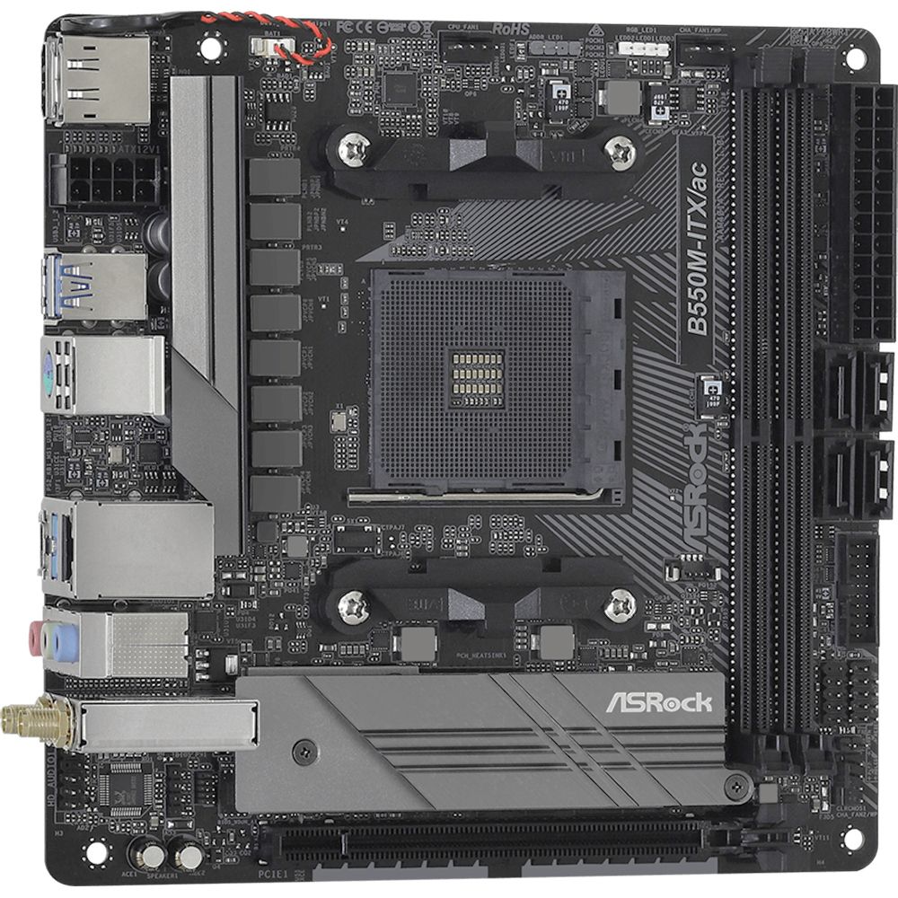 Материнская плата ASRock B550M-ITX/AC, Socket AM4, AMD B550, 2xDDR4-3200, HDMI+DP, 1xPCI-Ex16, 4xSATA3(RAID 0/1/10), 1xM.2, 8 Ch Audio, 1xGLan, WiFi, (2+2)xUSB2.0, (3+2)xUSB3.2, 1xUSB3.2 Type-C™, 1xPS/2, Mini-ITX, RTL, {20} (931727)