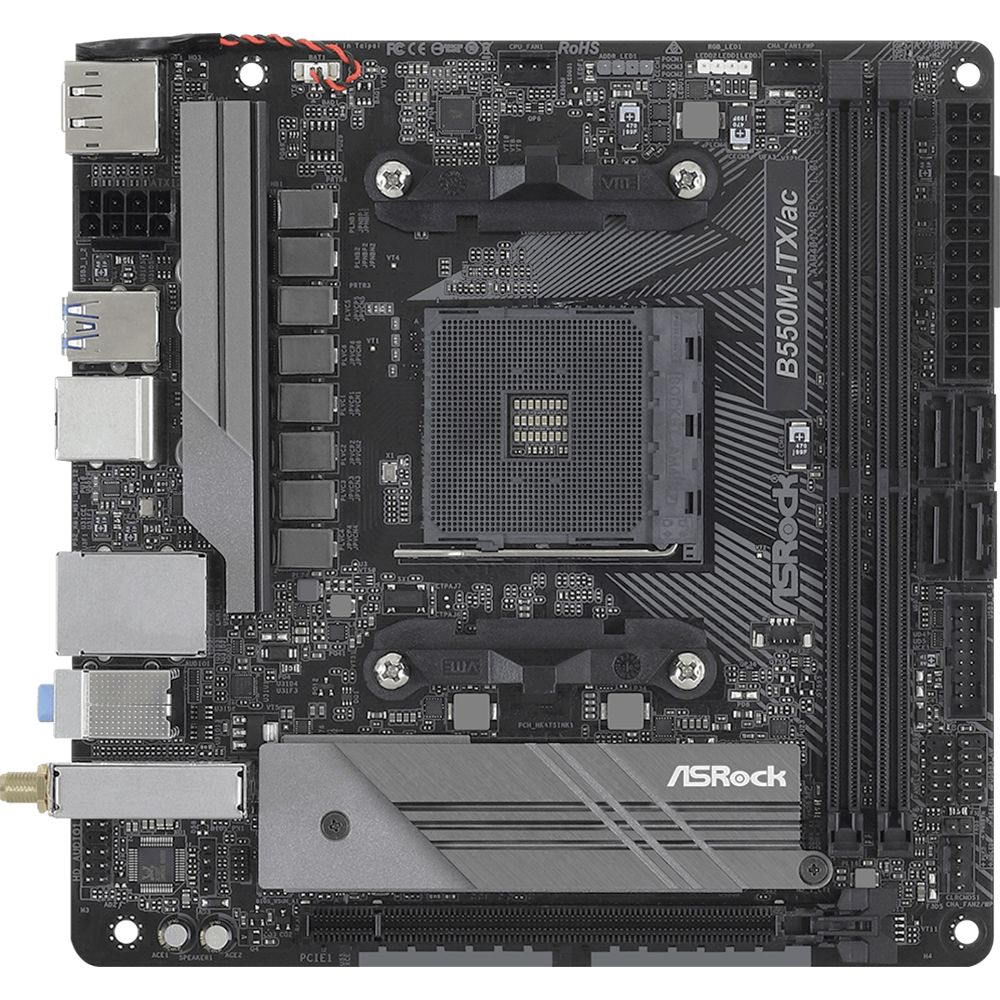 Материнская плата ASRock B550M-ITX/AC, Socket AM4, AMD B550, 2xDDR4-3200, HDMI+DP, 1xPCI-Ex16, 4xSATA3(RAID 0/1/10), 1xM.2, 8 Ch Audio, 1xGLan, WiFi, (2+2)xUSB2.0, (3+2)xUSB3.2, 1xUSB3.2 Type-C™, 1xPS/2, Mini-ITX, RTL, {20} (931727)
