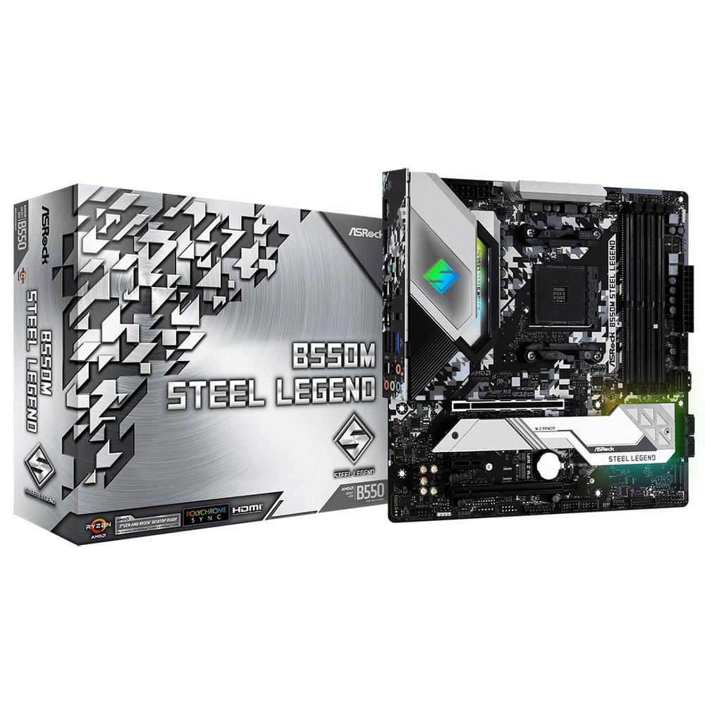 Материнская плата ASRock B550M STEEL LEGEND, Socket AM4, AMD B550, 4xDDR4-3200, HDMI+DP, 2xPCI-Ex16, 1xPCI-Ex1, 6xSATA3(RAID 0/1/10), 2xM.2, 8 Ch Audio, 1x2,5GLan, (2+4)xUSB2.0, (5+4)xUSB3.2, (1+0)xUSB3.2 Type-C™, 1xPS/2, mATX, RTL, {10} (931505)