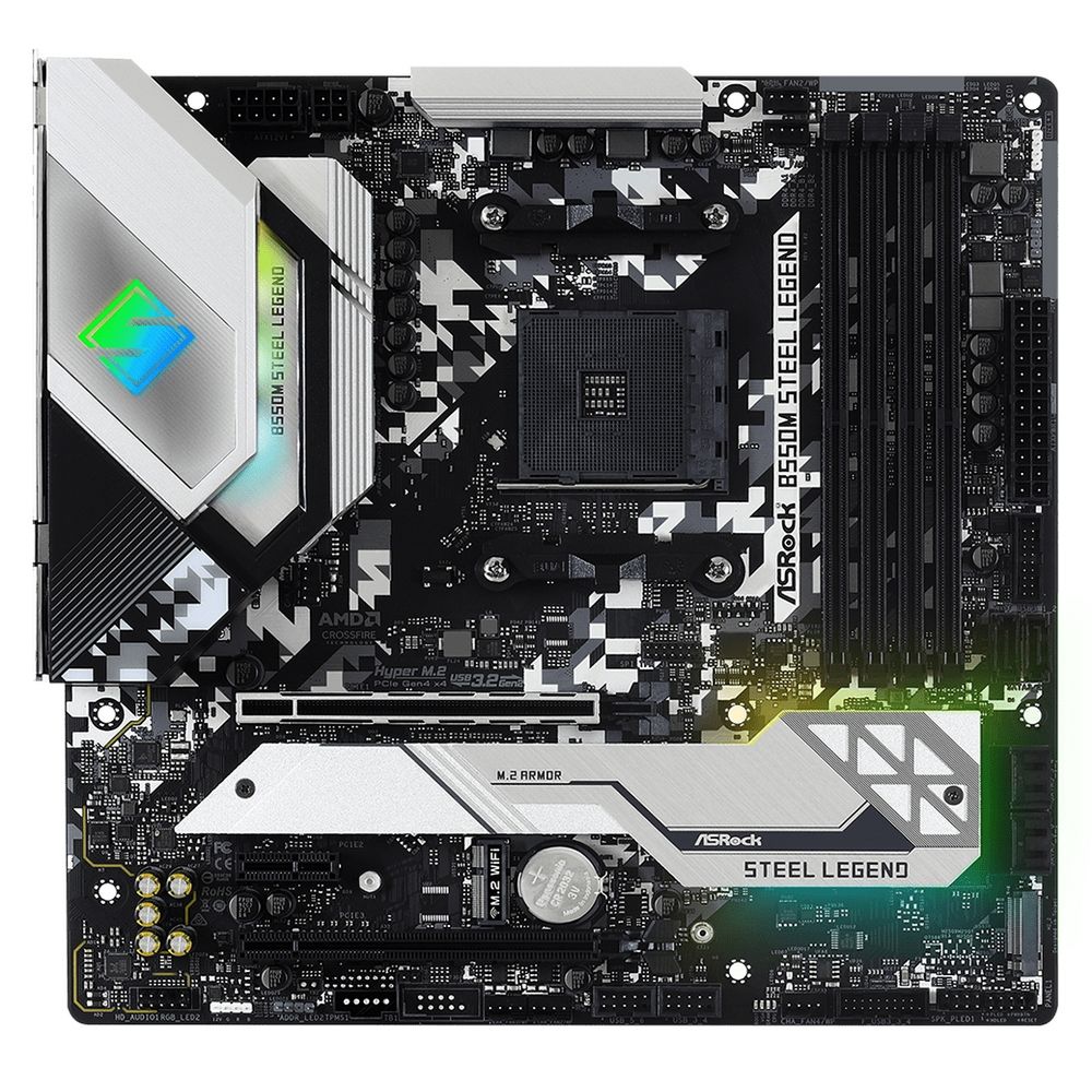 Материнская плата ASRock B550M STEEL LEGEND, Socket AM4, AMD B550, 4xDDR4-3200, HDMI+DP, 2xPCI-Ex16, 1xPCI-Ex1, 6xSATA3(RAID 0/1/10), 2xM.2, 8 Ch Audio, 1x2,5GLan, (2+4)xUSB2.0, (5+4)xUSB3.2, (1+0)xUSB3.2 Type-C™, 1xPS/2, mATX, RTL, {10} (931505)