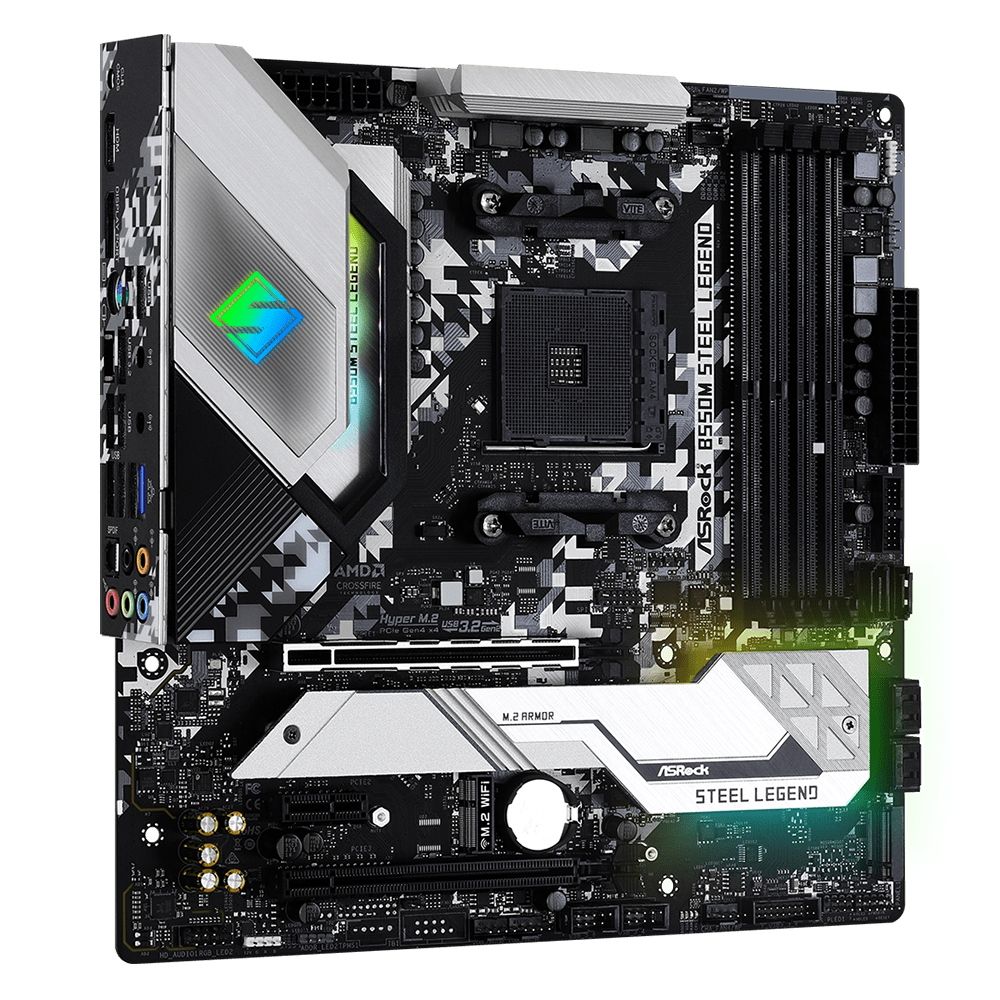Материнская плата ASRock B550M STEEL LEGEND, Socket AM4, AMD B550, 4xDDR4-3200, HDMI+DP, 2xPCI-Ex16, 1xPCI-Ex1, 6xSATA3(RAID 0/1/10), 2xM.2, 8 Ch Audio, 1x2,5GLan, (2+4)xUSB2.0, (5+4)xUSB3.2, (1+0)xUSB3.2 Type-C™, 1xPS/2, mATX, RTL, {10} (931505)