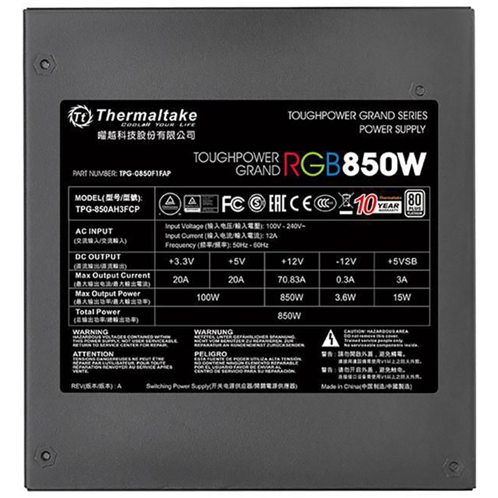 Блок питания ПК Thermaltake Toughpower PF1 ARGB 850 TPD-850AH3FCP-A / PS-TPD-0850F3FAPE-1, 850W, 80 Plus Platinum, полностью модульный