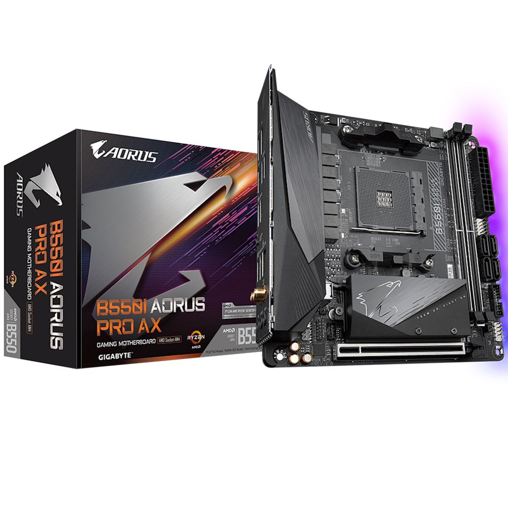 Материнская плата Gigabyte B550I AORUS PRO AX, Socket AM4, AMD B550, 2xDDR4-3200, HDMI+HDMI+DP, 1xPCI-Ex16, 4xSATA3(RAID 0,1,10), 2xM.2, 8 Ch Audio, 1x2,5GLan, WiFi, (0+2)xUSB2.0, (5+2)xUSB3.2, (1+0)xUSB 3.2 Type-C™, Mini-ITX, RTL {10} (809508)