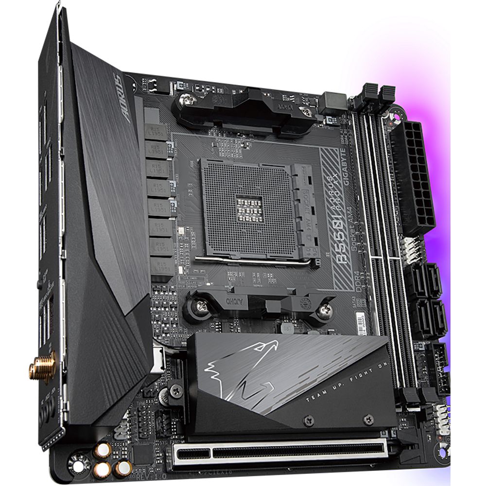 Материнская плата Gigabyte B550I AORUS PRO AX, Socket AM4, AMD B550, 2xDDR4-3200, HDMI+HDMI+DP, 1xPCI-Ex16, 4xSATA3(RAID 0,1,10), 2xM.2, 8 Ch Audio, 1x2,5GLan, WiFi, (0+2)xUSB2.0, (5+2)xUSB3.2, (1+0)xUSB 3.2 Type-C™, Mini-ITX, RTL {10} (809508)