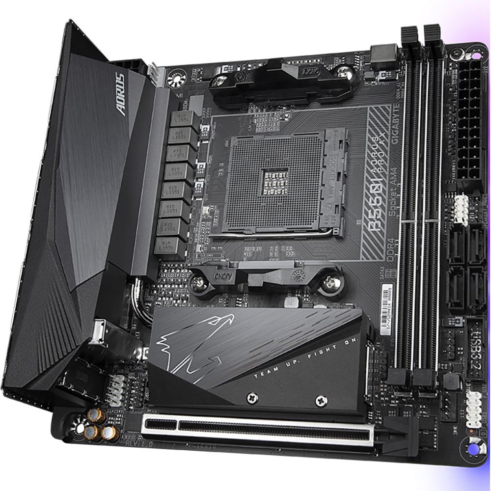 Материнская плата Gigabyte B550I AORUS PRO AX, Socket AM4, AMD B550, 2xDDR4-3200, HDMI+HDMI+DP, 1xPCI-Ex16, 4xSATA3(RAID 0,1,10), 2xM.2, 8 Ch Audio, 1x2,5GLan, WiFi, (0+2)xUSB2.0, (5+2)xUSB3.2, (1+0)xUSB 3.2 Type-C™, Mini-ITX, RTL {10} (809508)