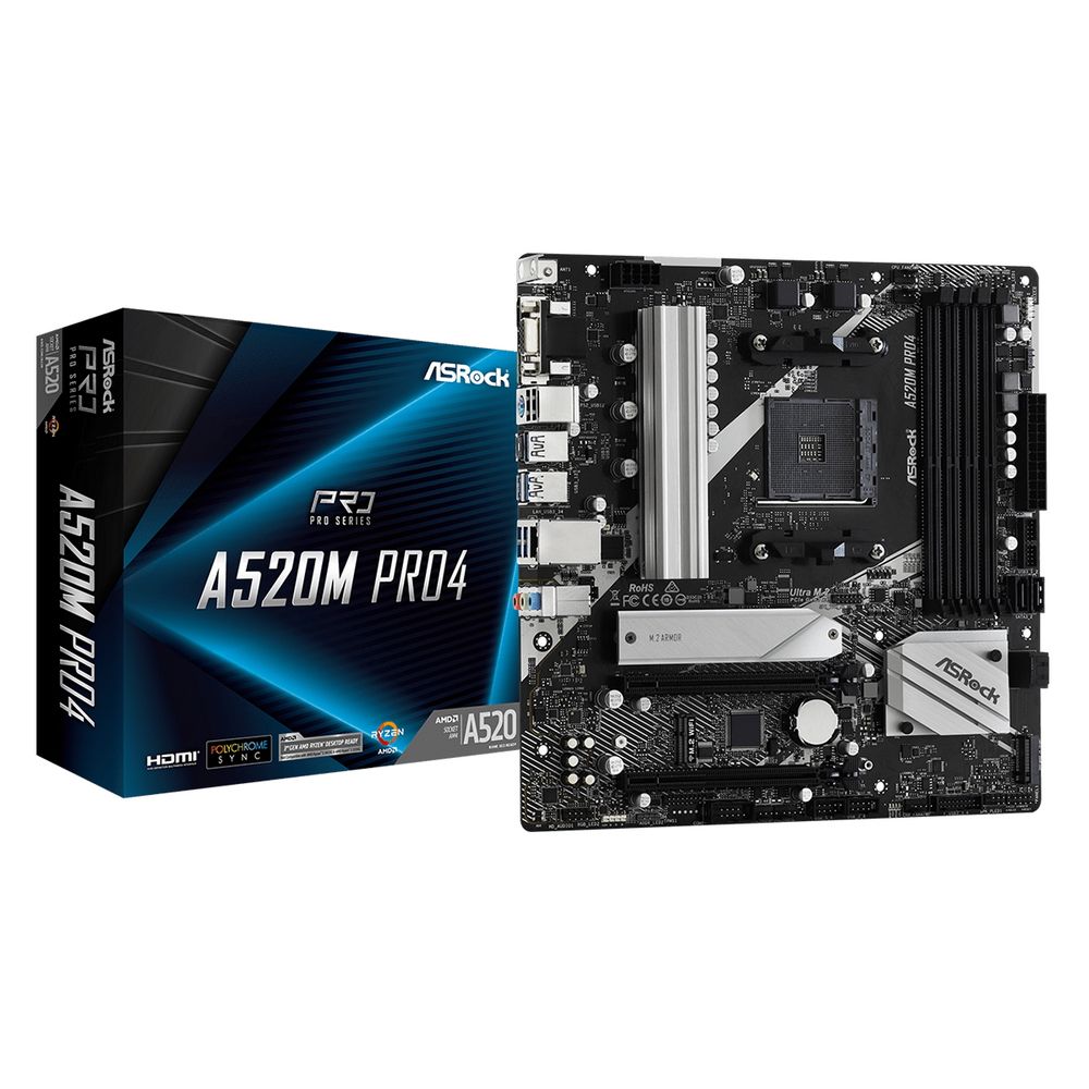 Материнская плата ASRock A520M PRO4, Socket AM4, AMD A520, 4xDDR4-3200, D-SUB+HDMI+DP, 2xPCI-Ex16, 4xSATA3(RAID 0/1/10), 2xM.2, 8 Ch Audio, GLan, (2+4)xUSB2.0, (5+2)xUSB3.2, (1+0)xUSB3.2 Type-C™, 1xPS/2, mATX, RTL {20}