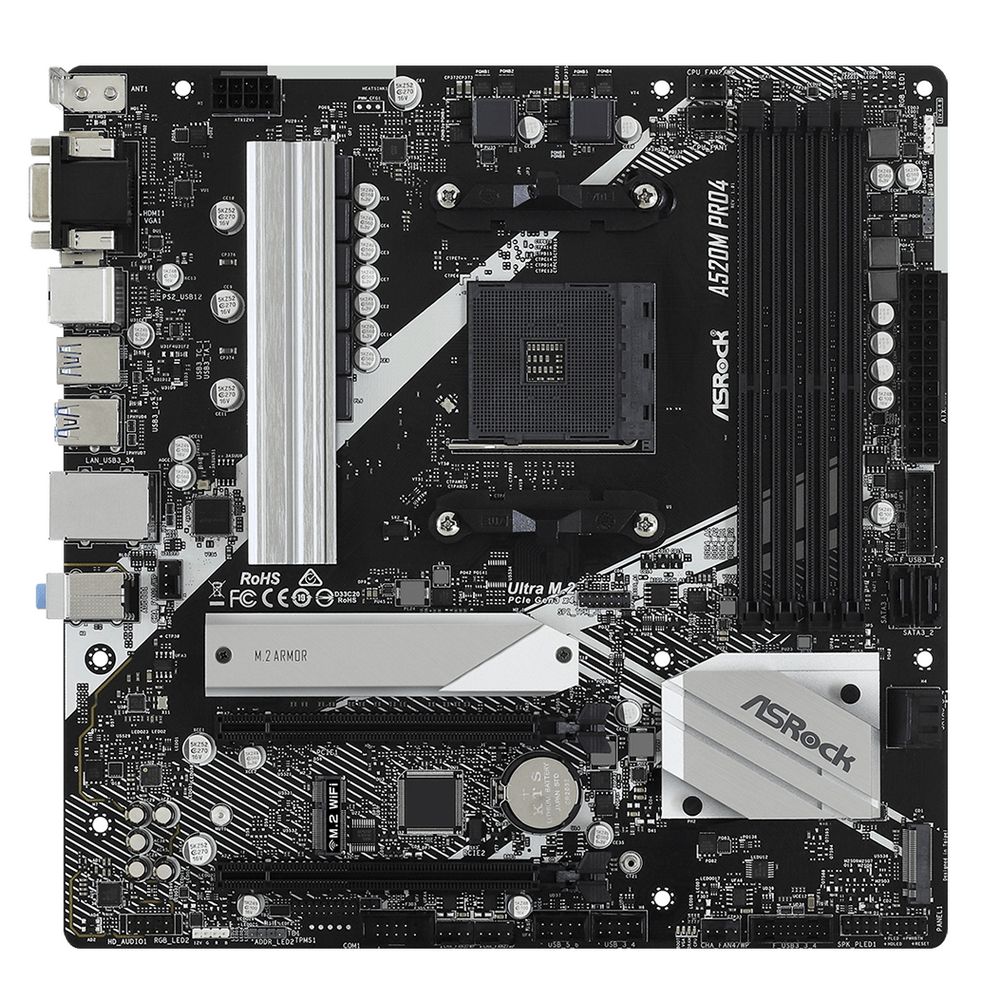 Материнская плата ASRock A520M PRO4, Socket AM4, AMD A520, 4xDDR4-3200, D-SUB+HDMI+DP, 2xPCI-Ex16, 4xSATA3(RAID 0/1/10), 2xM.2, 8 Ch Audio, GLan, (2+4)xUSB2.0, (5+2)xUSB3.2, (1+0)xUSB3.2 Type-C™, 1xPS/2, mATX, RTL {20}