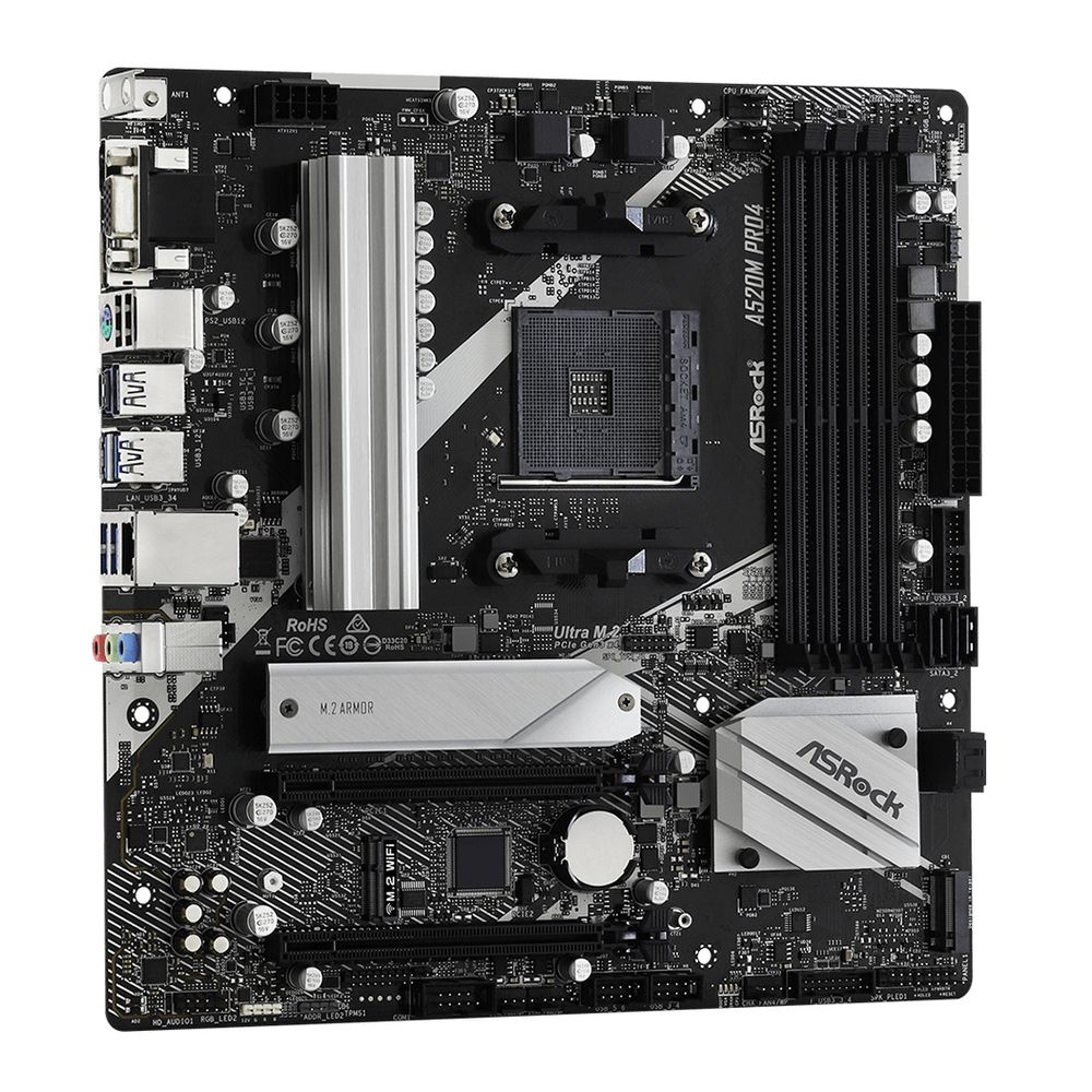 Материнская плата ASRock A520M PRO4, Socket AM4, AMD A520, 4xDDR4-3200, D-SUB+HDMI+DP, 2xPCI-Ex16, 4xSATA3(RAID 0/1/10), 2xM.2, 8 Ch Audio, GLan, (2+4)xUSB2.0, (5+2)xUSB3.2, (1+0)xUSB3.2 Type-C™, 1xPS/2, mATX, RTL {20}