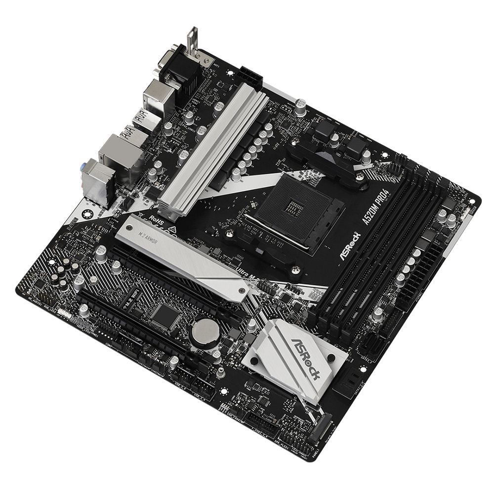 Материнская плата ASRock A520M PRO4, Socket AM4, AMD A520, 4xDDR4-3200, D-SUB+HDMI+DP, 2xPCI-Ex16, 4xSATA3(RAID 0/1/10), 2xM.2, 8 Ch Audio, GLan, (2+4)xUSB2.0, (5+2)xUSB3.2, (1+0)xUSB3.2 Type-C™, 1xPS/2, mATX, RTL {20}