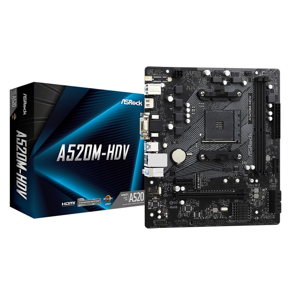 Материнская плата ASRock A520M-HDV, Socket AM4, AMD A520, 2xDDR4-3200, D-SUB+DVI-D+HDMI, 1xPCI-Ex16, 1xPCI-Ex1, 4xSATA3(RAID 0/1/10), 1xM.2, 8 Ch Audio, GLan, (2+4)xUSB2.0, (4+2)xUSB3.2, 1xPS/2, mATX, RTL {20} (932267)
