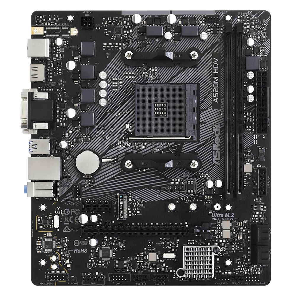 Материнская плата ASRock A520M-HDV, Socket AM4, AMD A520, 2xDDR4-3200, D-SUB+DVI-D+HDMI, 1xPCI-Ex16, 1xPCI-Ex1, 4xSATA3(RAID 0/1/10), 1xM.2, 8 Ch Audio, GLan, (2+4)xUSB2.0, (4+2)xUSB3.2, 1xPS/2, mATX, RTL {20} (932267)
