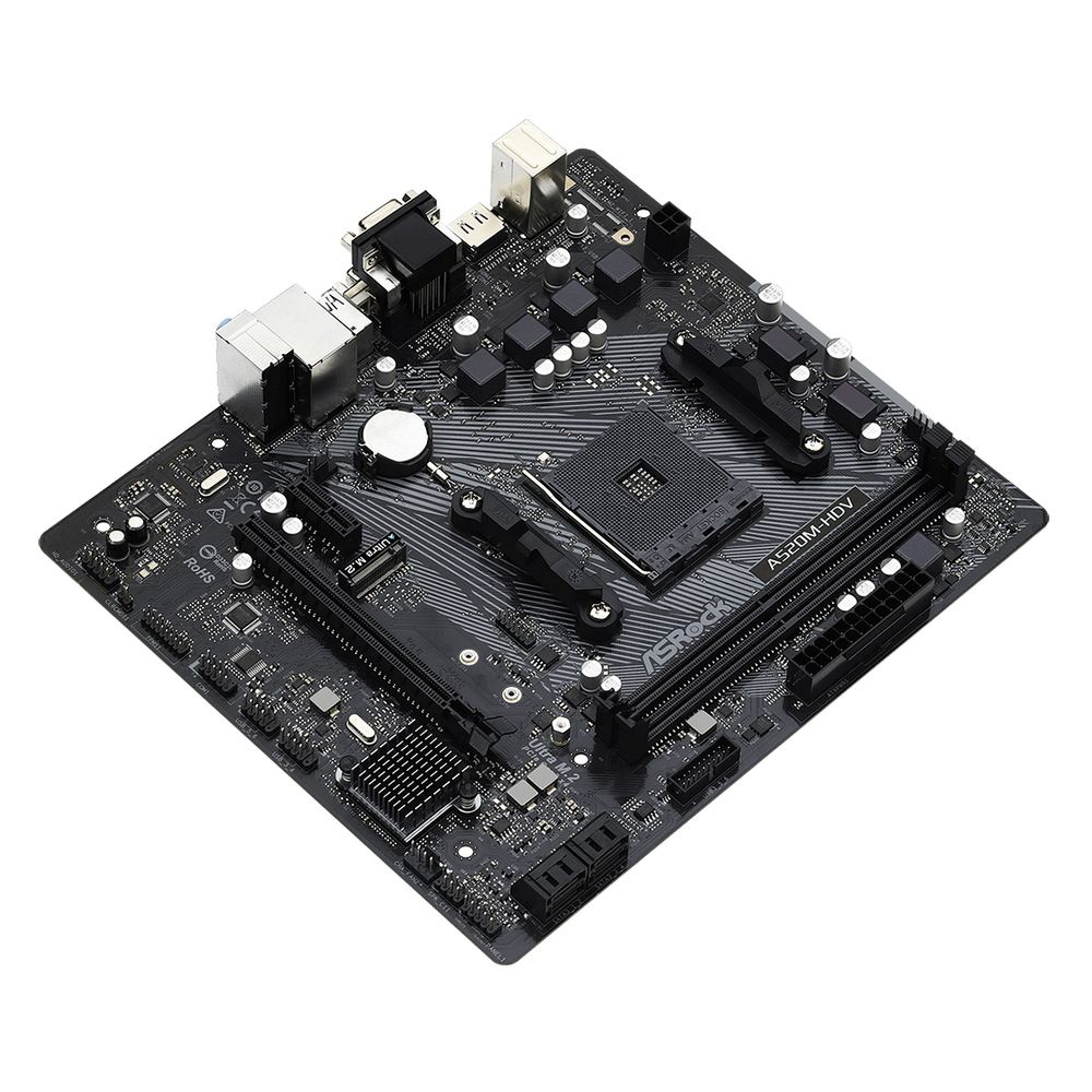 Материнская плата ASRock A520M-HDV, Socket AM4, AMD A520, 2xDDR4-3200, D-SUB+DVI-D+HDMI, 1xPCI-Ex16, 1xPCI-Ex1, 4xSATA3(RAID 0/1/10), 1xM.2, 8 Ch Audio, GLan, (2+4)xUSB2.0, (4+2)xUSB3.2, 1xPS/2, mATX, RTL {20} (932267)
