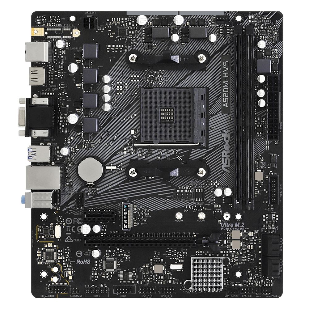 Материнская плата ASRock A520M-HVS, Socket AM4, AMD A520, 2xDDR4-3200, D-SUB+HDMI, 1xPCI-Ex16, 1xPCI-Ex1, 4xSATA3(RAID 0/1/10), 1xM.2, 8 Ch Audio, GLan, (2+4)xUSB2.0, (4+2)xUSB3.2, 1xPS/2, mATX, RTL {20}