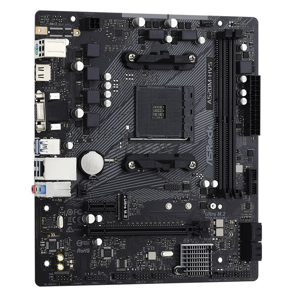Материнская плата ASRock A520M-HVS, Socket AM4, AMD A520, 2xDDR4-3200, D-SUB+HDMI, 1xPCI-Ex16, 1xPCI-Ex1, 4xSATA3(RAID 0/1/10), 1xM.2, 8 Ch Audio, GLan, (2+4)xUSB2.0, (4+2)xUSB3.2, 1xPS/2, mATX, RTL {20}