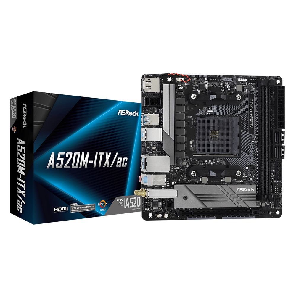 Материнская плата ASRock A520M-ITX/AC, Socket AM4, AMD A520, 2xDDR4-3200, HDMI+DP, 1xPCI-Ex16, 4xSATA3(RAID 0/1/10), 1xM.2, 8 Ch Audio, 1xGLan, WiFi, (2+2)xUSB2.0, (3+2)xUSB3.2, (1+0)xUSB3.2 Type-C™, 1xPS/2, Mini-ITX, RTL, {20} (932045)