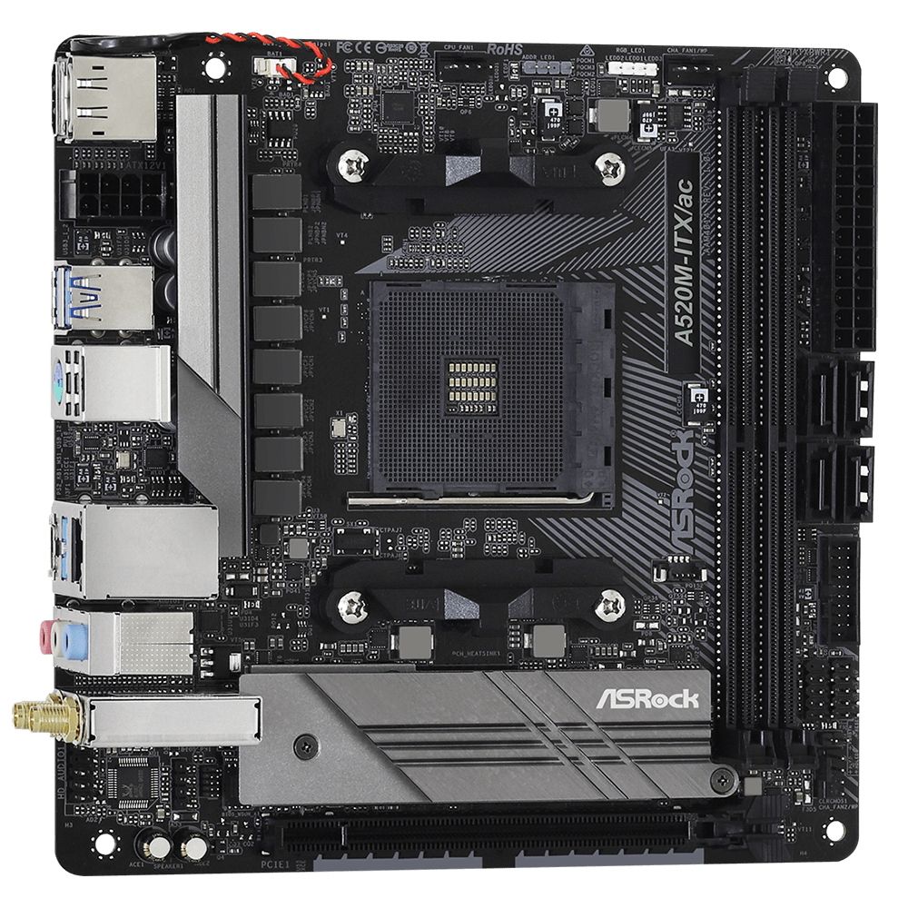 Материнская плата ASRock A520M-ITX/AC, Socket AM4, AMD A520, 2xDDR4-3200, HDMI+DP, 1xPCI-Ex16, 4xSATA3(RAID 0/1/10), 1xM.2, 8 Ch Audio, 1xGLan, WiFi, (2+2)xUSB2.0, (3+2)xUSB3.2, (1+0)xUSB3.2 Type-C™, 1xPS/2, Mini-ITX, RTL, {20} (932045)