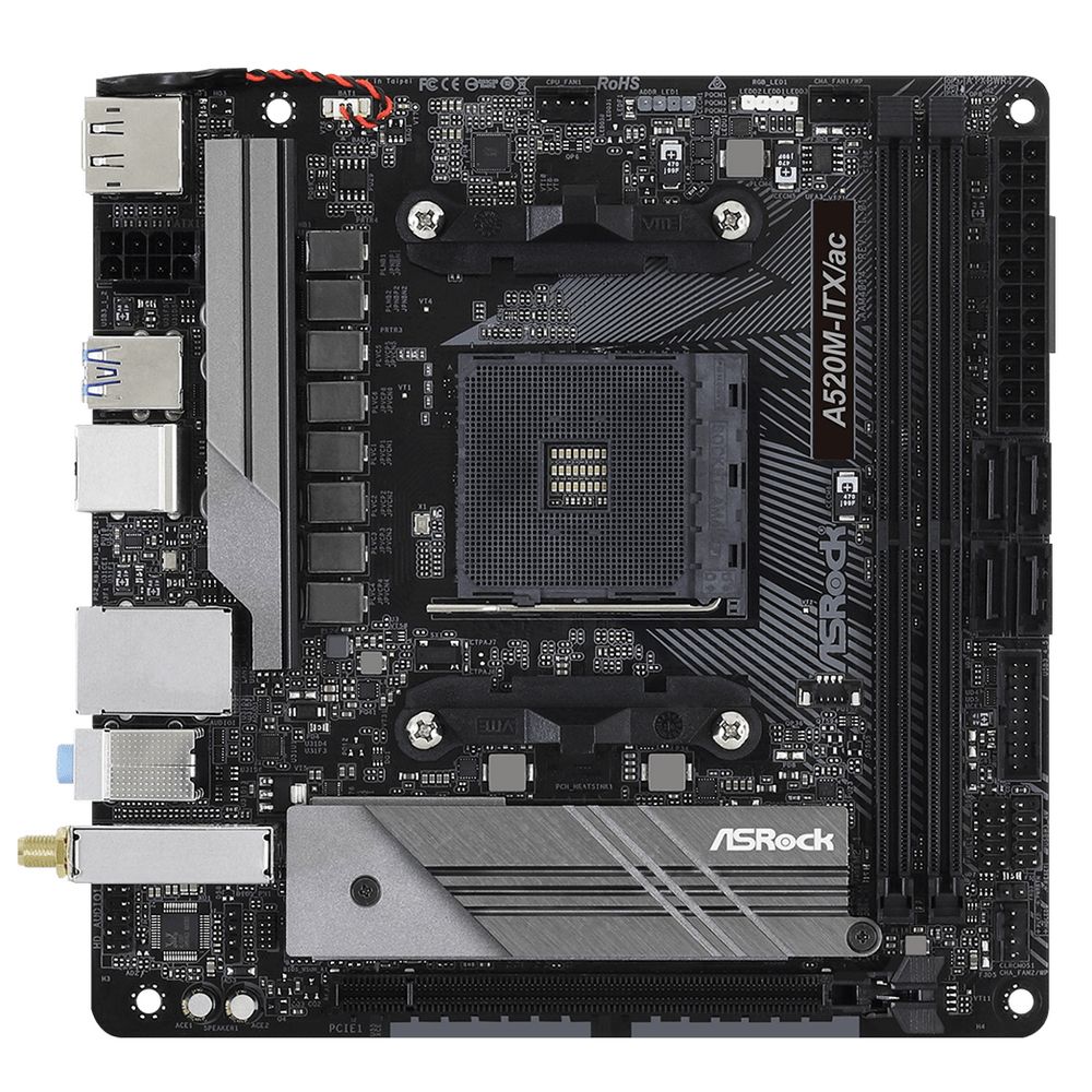 Материнская плата ASRock A520M-ITX/AC, Socket AM4, AMD A520, 2xDDR4-3200, HDMI+DP, 1xPCI-Ex16, 4xSATA3(RAID 0/1/10), 1xM.2, 8 Ch Audio, 1xGLan, WiFi, (2+2)xUSB2.0, (3+2)xUSB3.2, (1+0)xUSB3.2 Type-C™, 1xPS/2, Mini-ITX, RTL, {20} (932045)