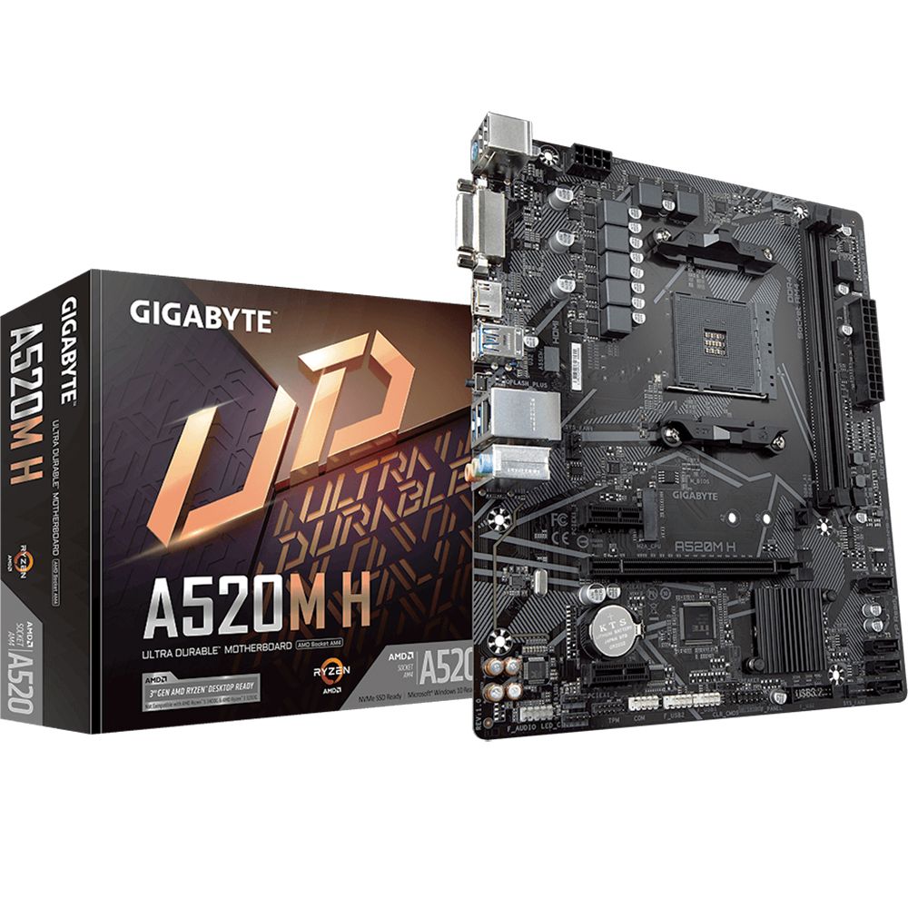 Материнская плата Gigabyte A520M H, Socket AM4, AMD A520, 2xDDR4-3200, DVI-D+HDMI, 1xPCI-Ex16, 2xPCI-Ex1, 4xSATA3(RAID 0/1/10), 1xM.2, 8 Ch Audio, GLan, (2+4)xUSB2.0, (4+2)xUSB3.2, 1xPS/2, mATX, RTL {10} (809683)