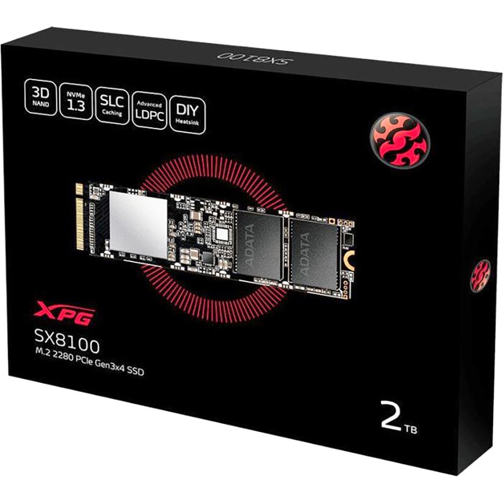 Твердотельный накопитель SSD ADATA XPG SX8100 2TB M.2 2280 ASX8100NP-2TT-C Client PCIe Gen3x4 with NVMe, 3500/1900, IOPS 290/240K, MTBF 2M, 3D TLC, 1280TBW, 0.35DWPD, NVMe 1.3, RTL (773711)