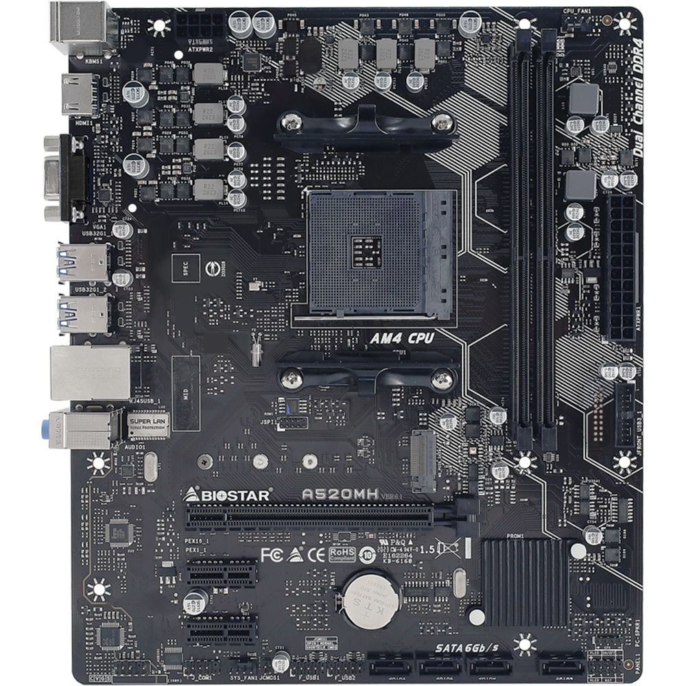 Материнская плата BIOSTAR A520MH, Socket AM4, AMD A520, 2xDDR4-2933, D-SUB+HDMI, 1xPCI-Ex16, 2xPCI-Ex1, 4xSATA3(RAID 0/1/10), 1xM.2, 8 Ch Audio, GLan, (4+2)xUSB2.0, (2+4)xUSB3.2, 2xPS/2, mATX, RTL, {}