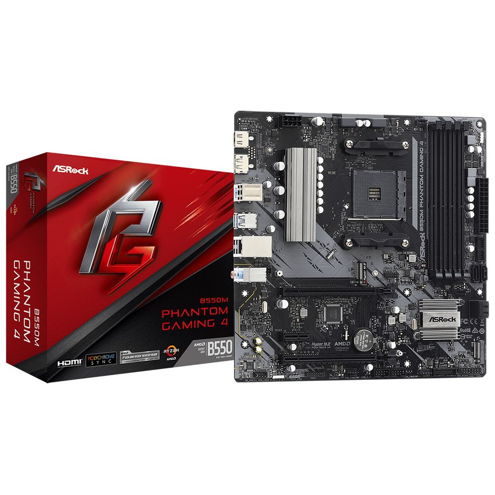 Материнская плата ASRock B550M PHANTOM GAMING 4, Socket AM4, AMD B550, 4xDDR4-3200, HDMI+DP, 2xPCI-Ex16, 1xPCI-Ex1, 4xSATA3(RAID 0/1/10), 2xM.2, 8 Ch Audio, 1xGLan, (2+4)xUSB2.0, (4+4)xUSB3.2, 1xPS/2, mATX, RTL,(932755)