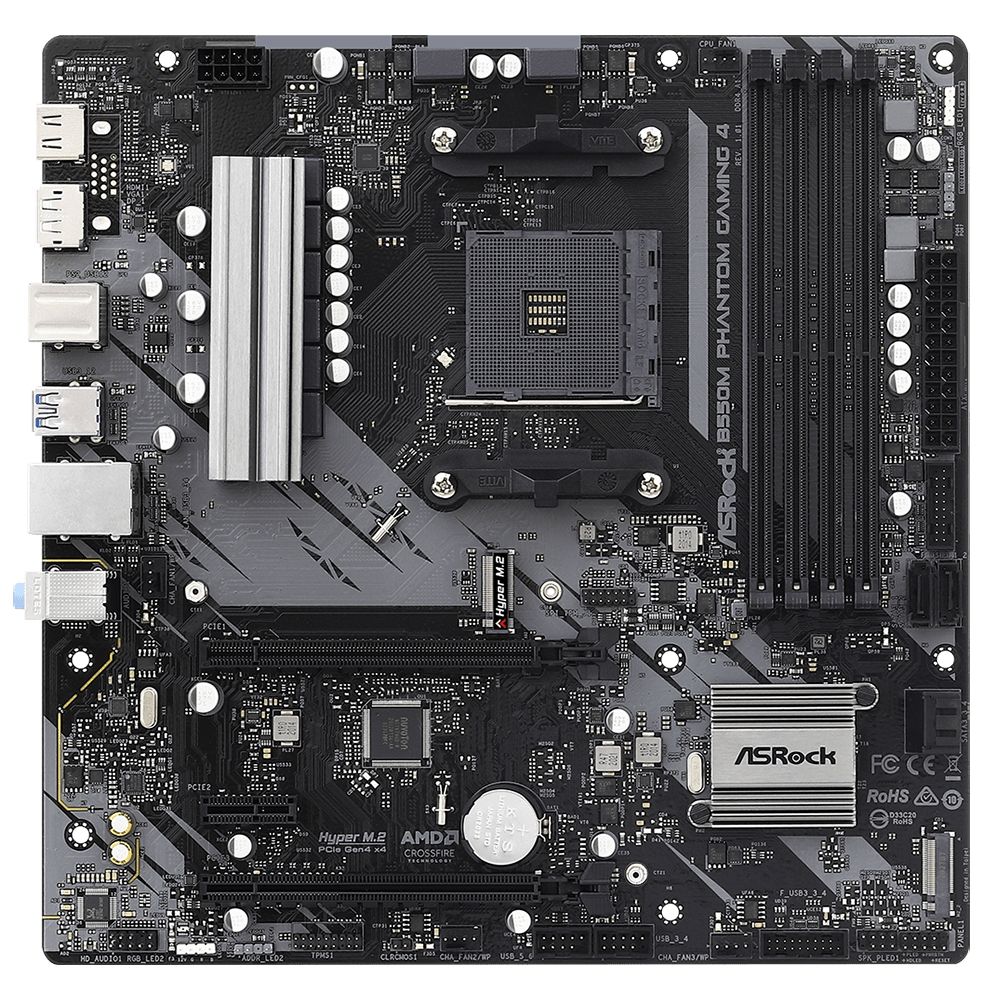 Материнская плата ASRock B550M PHANTOM GAMING 4, Socket AM4, AMD B550, 4xDDR4-3200, HDMI+DP, 2xPCI-Ex16, 1xPCI-Ex1, 4xSATA3(RAID 0/1/10), 2xM.2, 8 Ch Audio, 1xGLan, (2+4)xUSB2.0, (4+4)xUSB3.2, 1xPS/2, mATX, RTL,(932755)