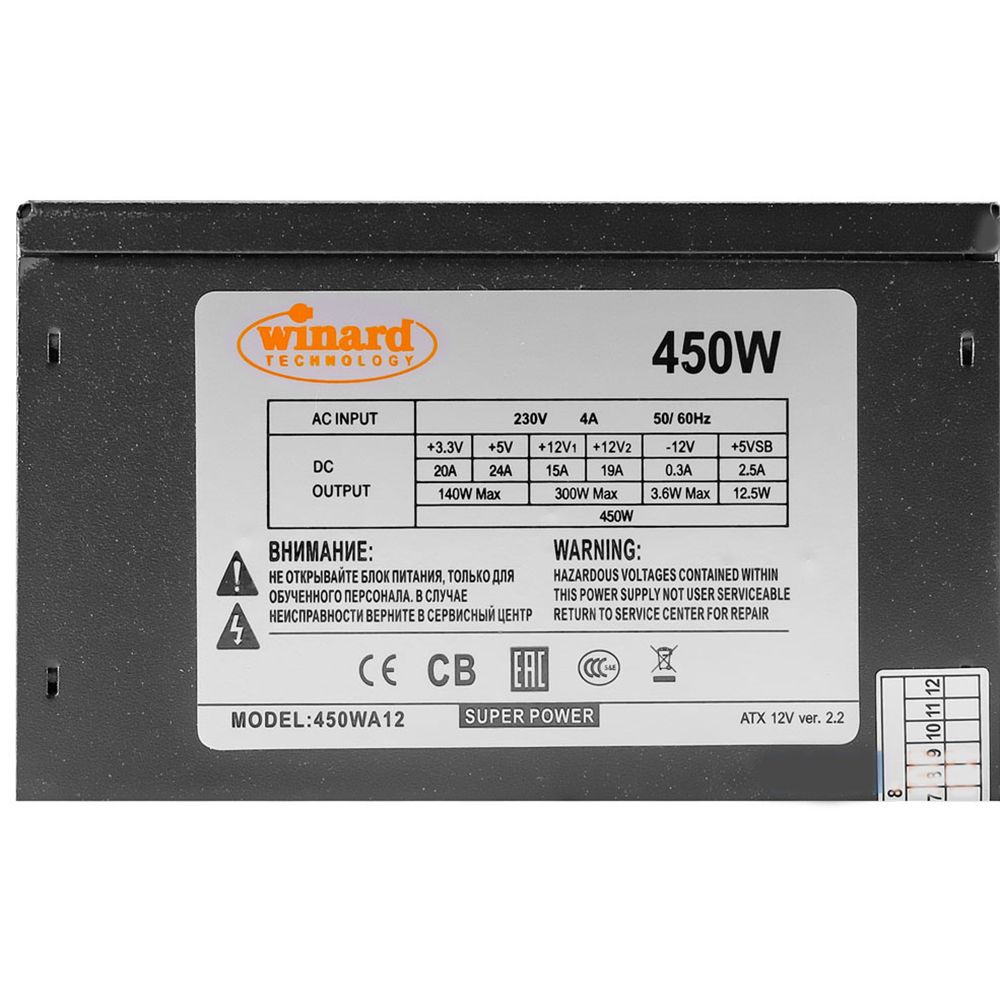 Блок питания Winard БП Winard 450W (450WA) ATX v2.2, 450W, 24+4pin, 2xSATA, 2xMolex, 1xFDD, OEM (331218)
