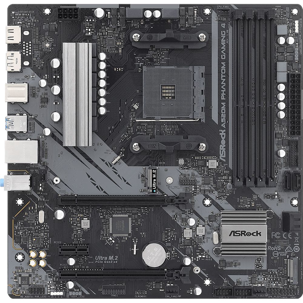Материнская плата ASRock A520M PHANTOM GAMING 4, Socket AM4, AMD A520, 4xDDR4-3200, HDMI+DP, 2xPCI-Ex16, 1xPCI-Ex1, 4xSATA3(RAID 0/1/10), 2xM.2, 8 Ch Audio, GLan, (2+4)xUSB2.0, (4+2)xUSB3.2, 1xPS/2, mATX, RTL {20} (932915)