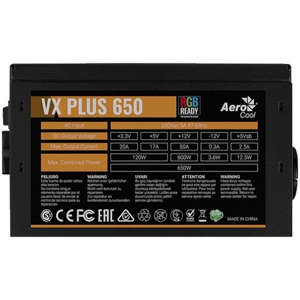 Блок питания AeroCool VX Plus 650 - 650W , ATX v2.3 , Fan 12cm , 500mm cable , Retail (962789) {10}