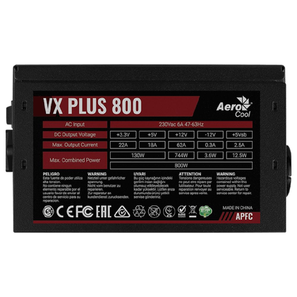 Блок питания AeroCool VX Plus 800 - 800W , ATX v2.3 , Fan 12cm , 500mm cable , Retail (962819)
