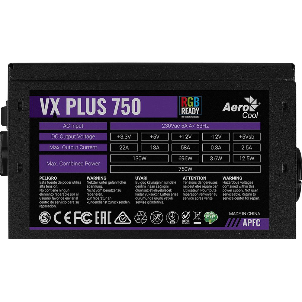 Блок питания AeroCool VX Plus 750 - 750W , ATX v2.3 , Fan 12cm , 500mm cable , Retail