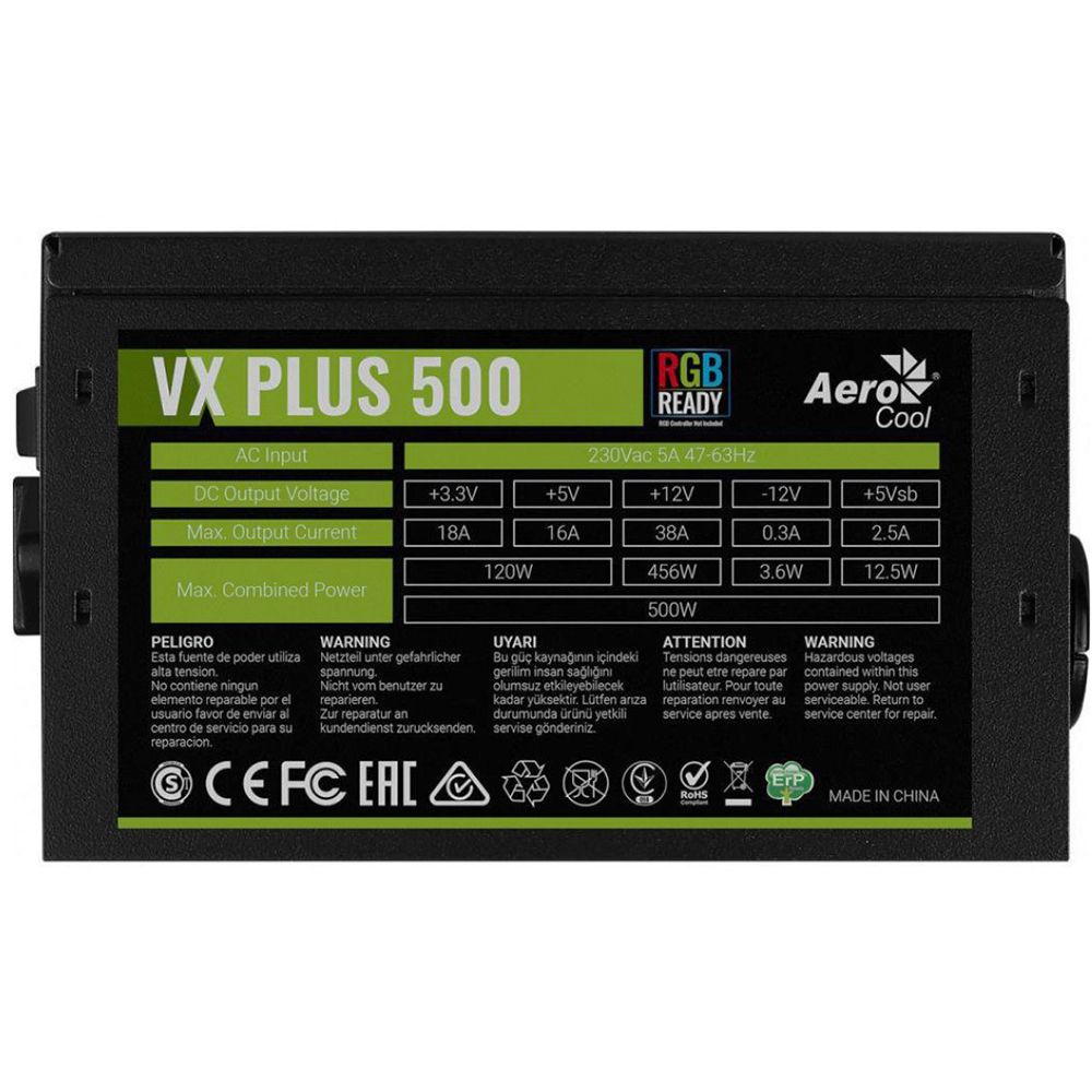 Блок питания AeroCool VX Plus 500 RGB 500W , ATX v2.3 , RGB Fan 12cm , 500mm cable , Retail {10} (152687)