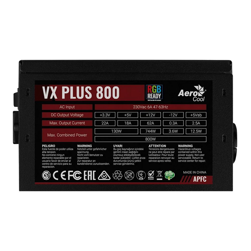 Блок питания AeroCool VX Plus 800 RGB - 800W , ATX v2.3 , Fan 12cm , 500mm cable , Retail (150959)